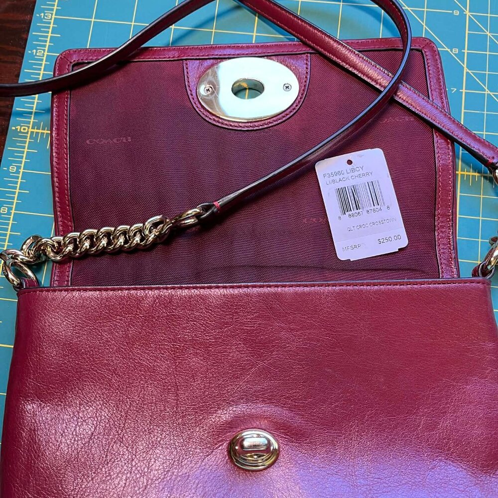 Coach Quilted Croc Crossbody Bag Libcy F35960 Black Cherry Leather